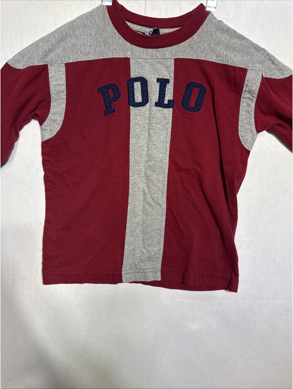 Vintage Polo Ralph Lauren Boys Size 6 Long Sleeve Shirt Red Gray Spellout Logo